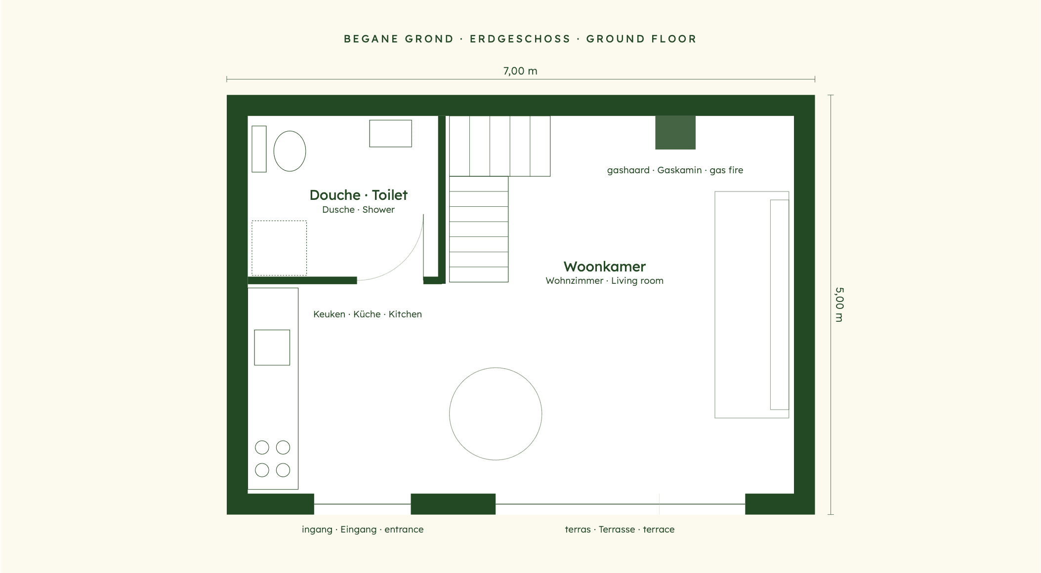 Floor plan Beach Cottage — ground floor with living room, kitchen and bathroom